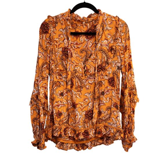 Spell Etienne Blouse Sienna Terracotta Peasant Paisley Print Ruffle Boho SZ S - Picture 3 of 8